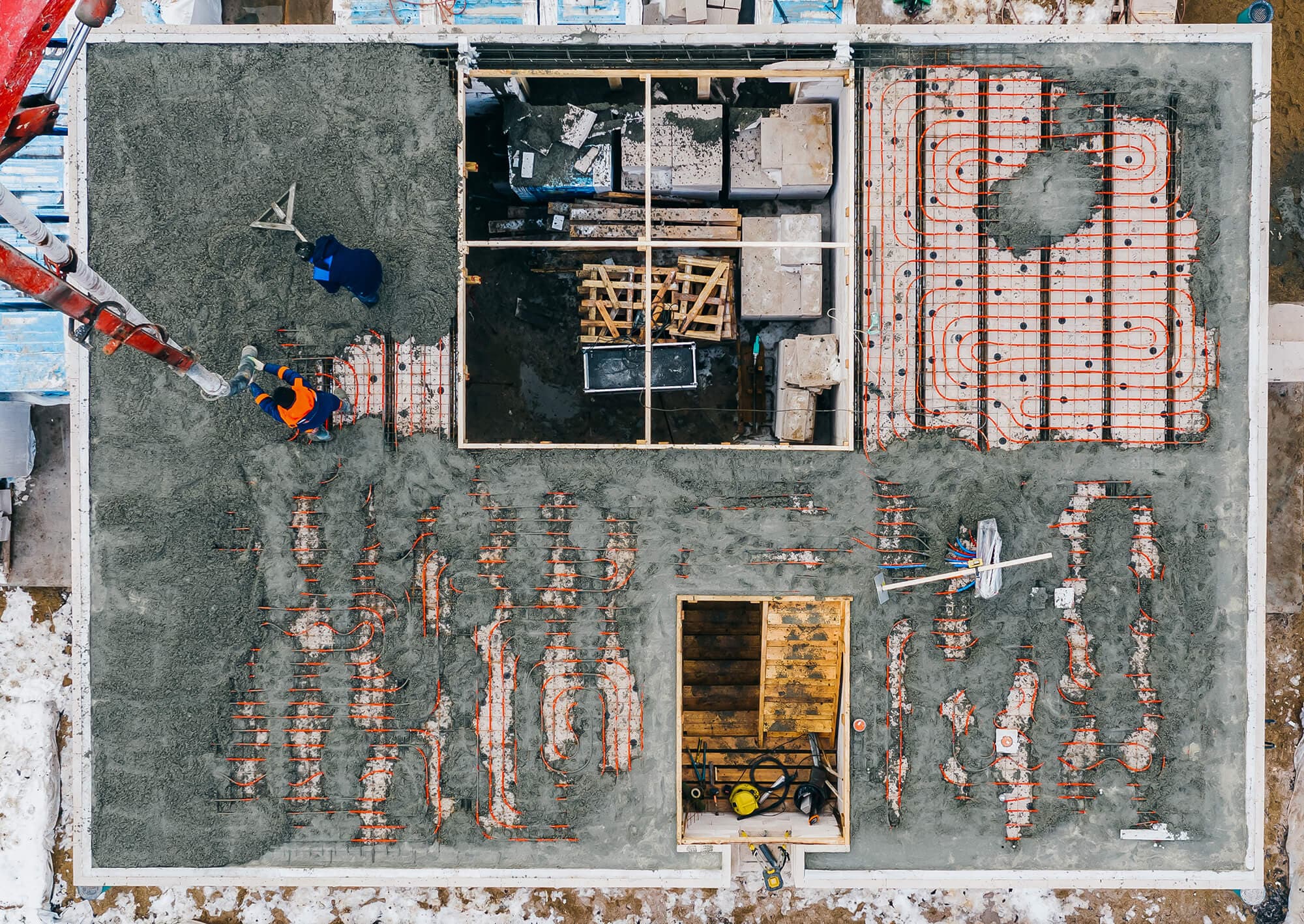 Aerial view of concrete pour for a structural slab